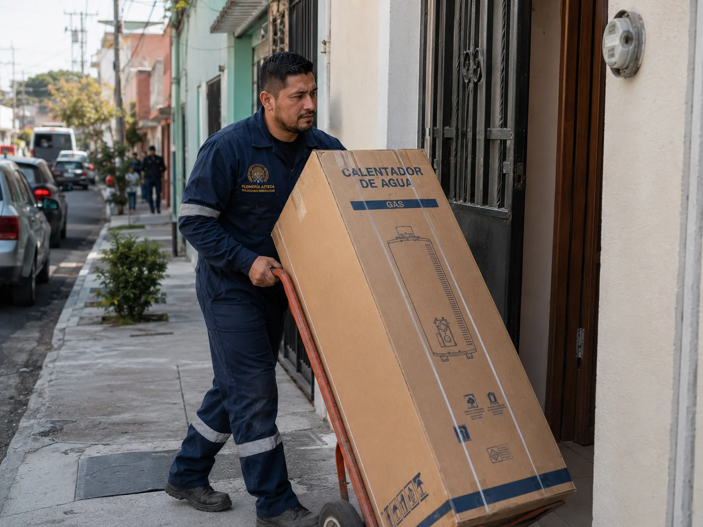 Plomero de Plomería Azteca entregando un calentador de agua nuevo en CDMX