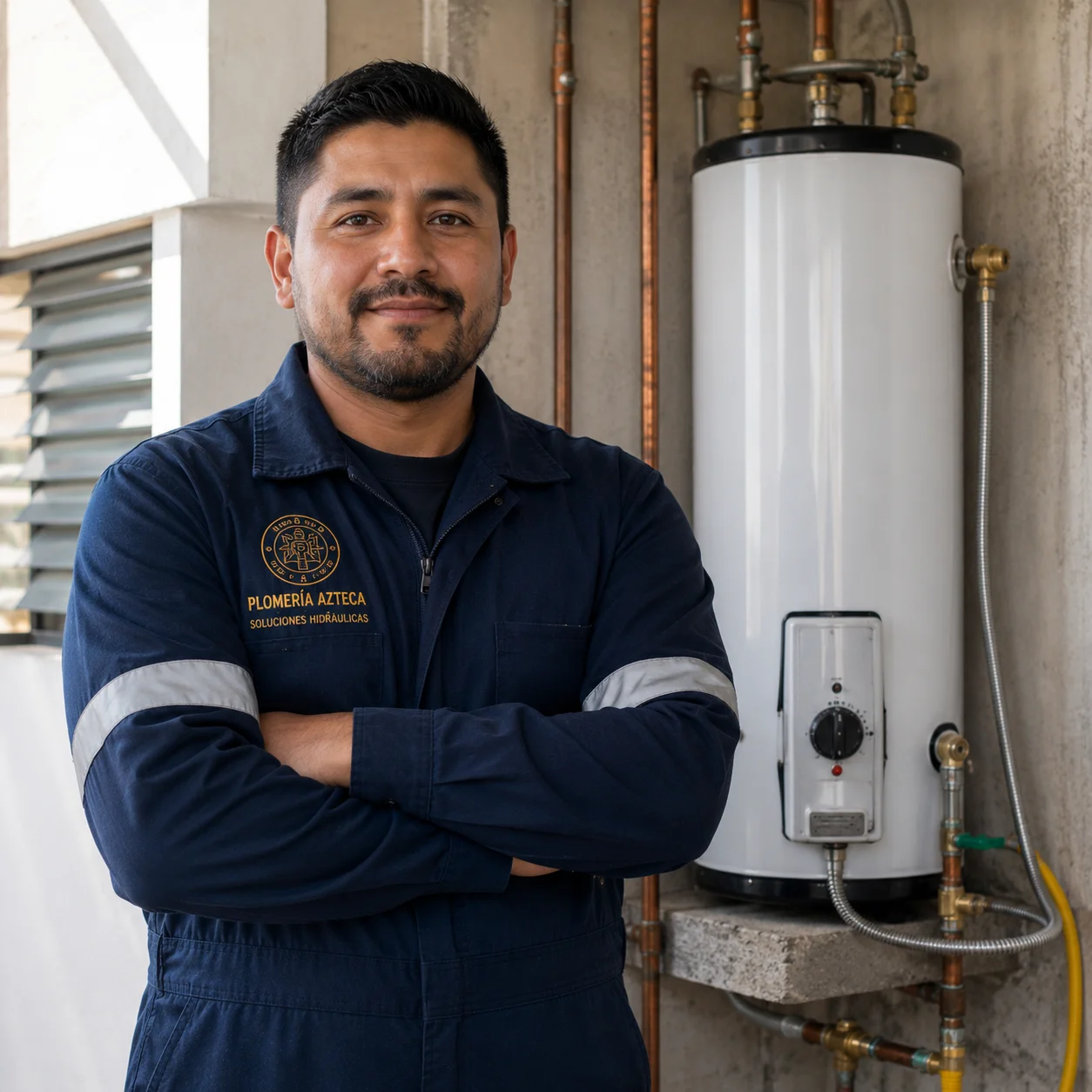 Plomero de Plomería Azteca junto a un calentador de agua recién instalado en CDMX