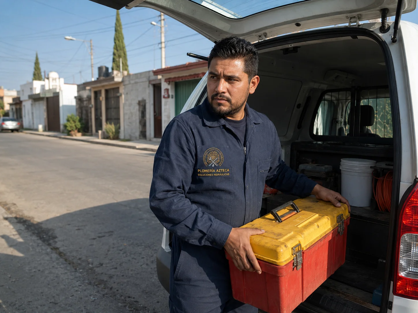 Plomero de Plomería Azteca saliendo a atender una urgencia en CDMX